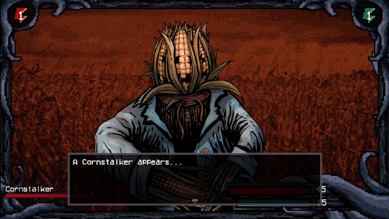 Official Welcome to Elderfield screenshot of a Cornstalker battle encounter